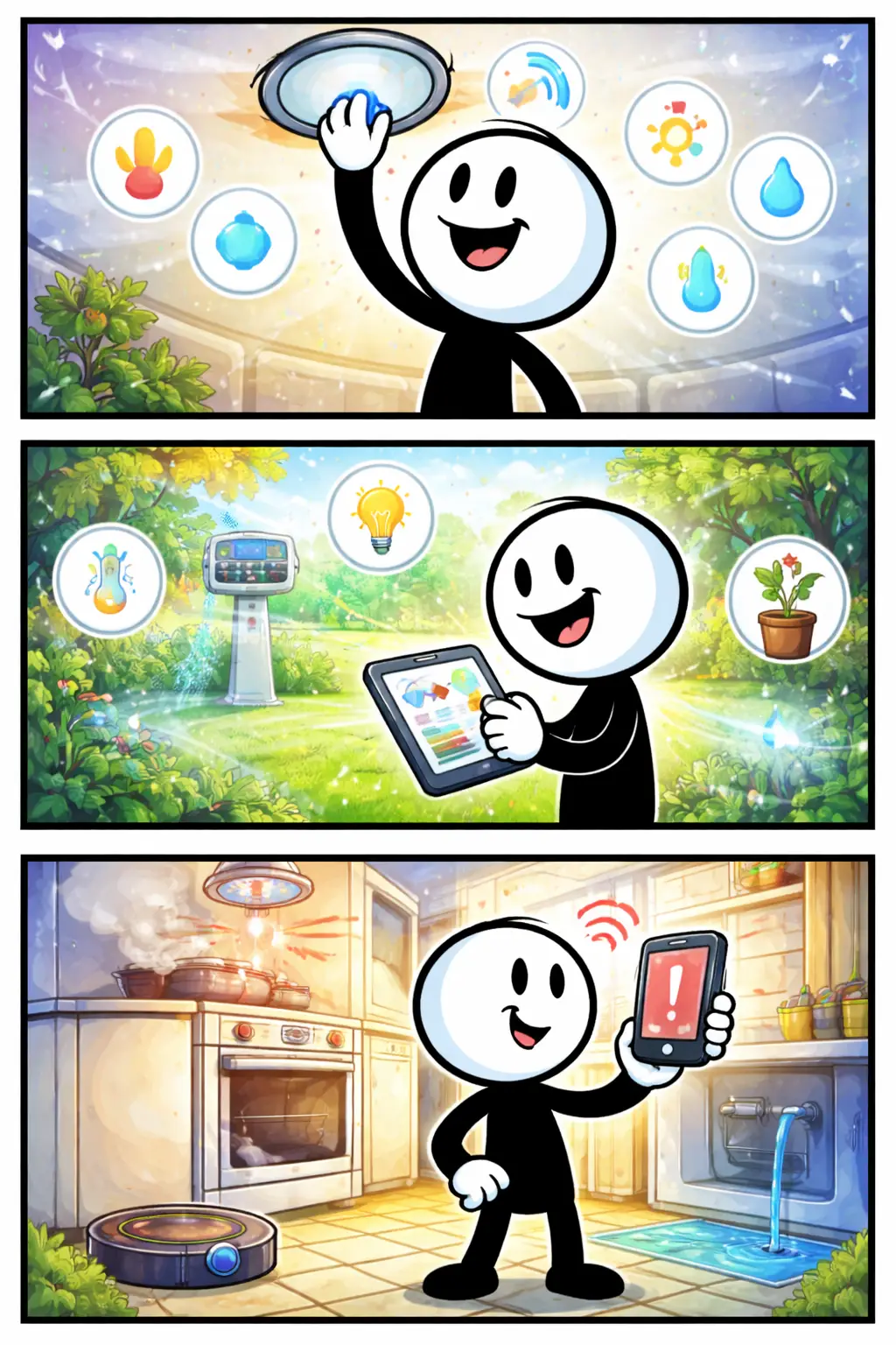 Drie-panelen stripafbeelding in Toonwords-stijl van een stickman die met een sensor omgevingsveranderingen meet, zonder tekst.