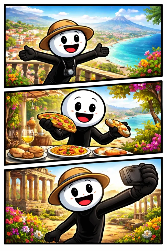 stickman die op Sicilië drie scènes beleeft met kust, eten en tempel, passend bij het woord Sicilië