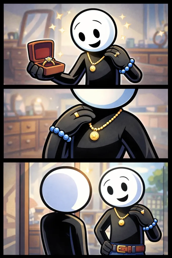 Toonwords-strip met een stickman die in drie panelen verschillende sieraden draagt en bewondert.