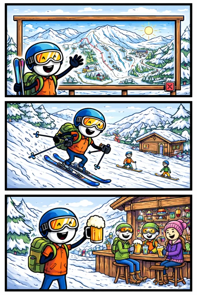 Stickman in Toonwords-stijl bij een bord van een skigebied met pistes en liften in een winters landschap.