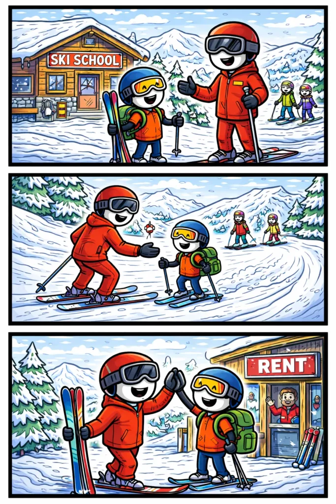 Stickman in Toonwords-stijl bij een skischool, samen met een skileraar op een besneeuwde piste, met het woord Skischool als thema.