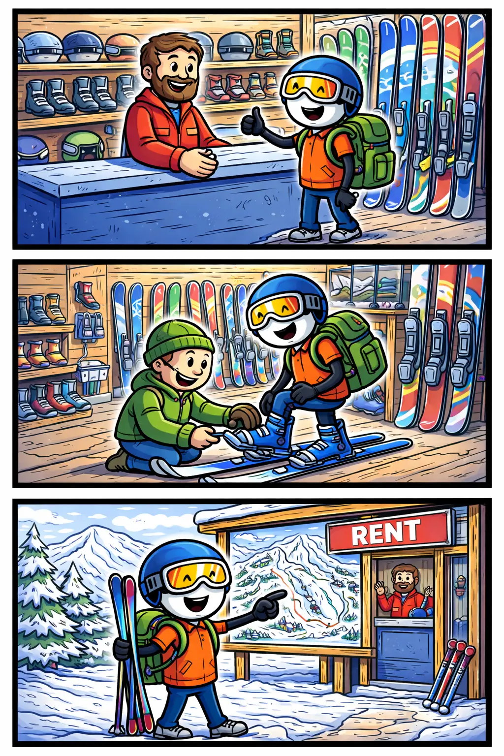 Stickman in Toonwords-stijl bij skiverhuur waar hij ski’s en schoenen ophaalt in een winters skigebied, met het woord Skiverhuur als thema.