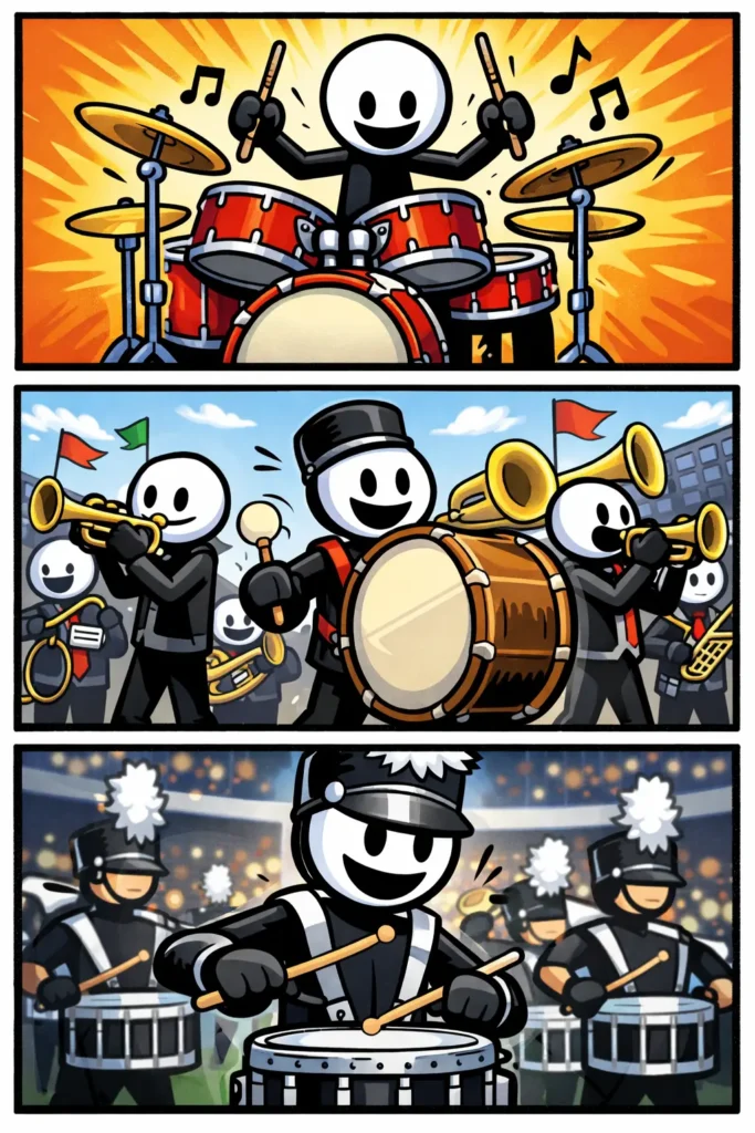 Drie Toonwords-panelen met een slagwerker: drumstel, fanfare en DCI-drumline, in kleur en zonder tekst.