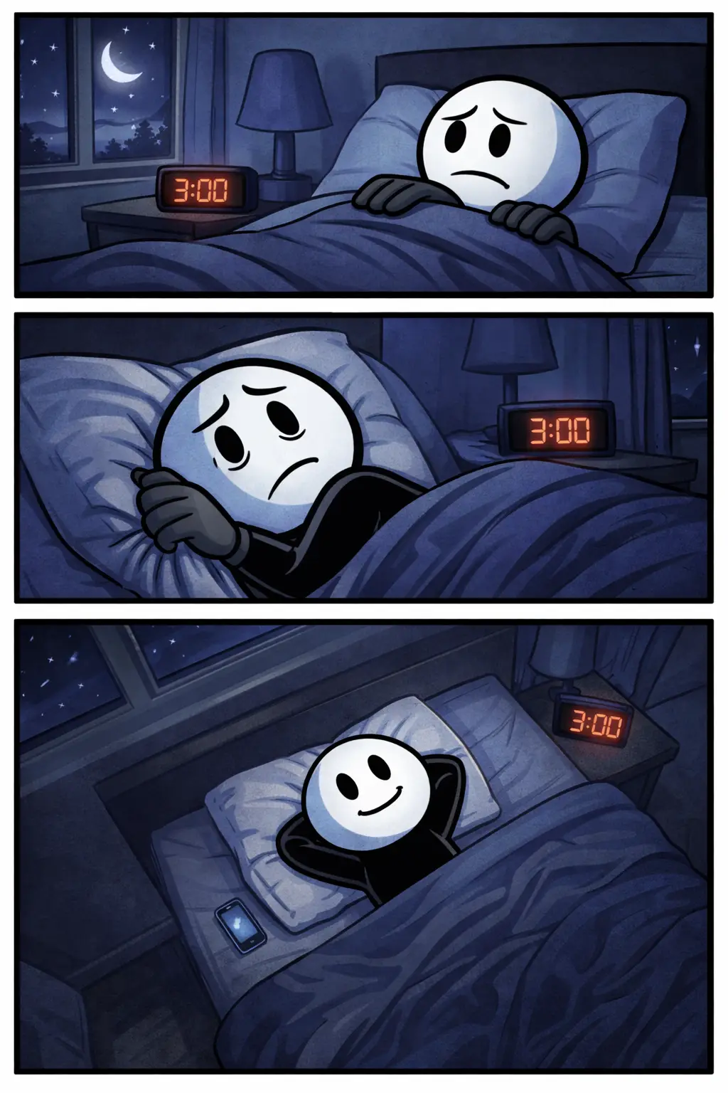 Stripafbeelding met drie panelen waarin een stickman slapeloos in bed ligt in verschillende cameraposities — Toonword Slapeloosheid.