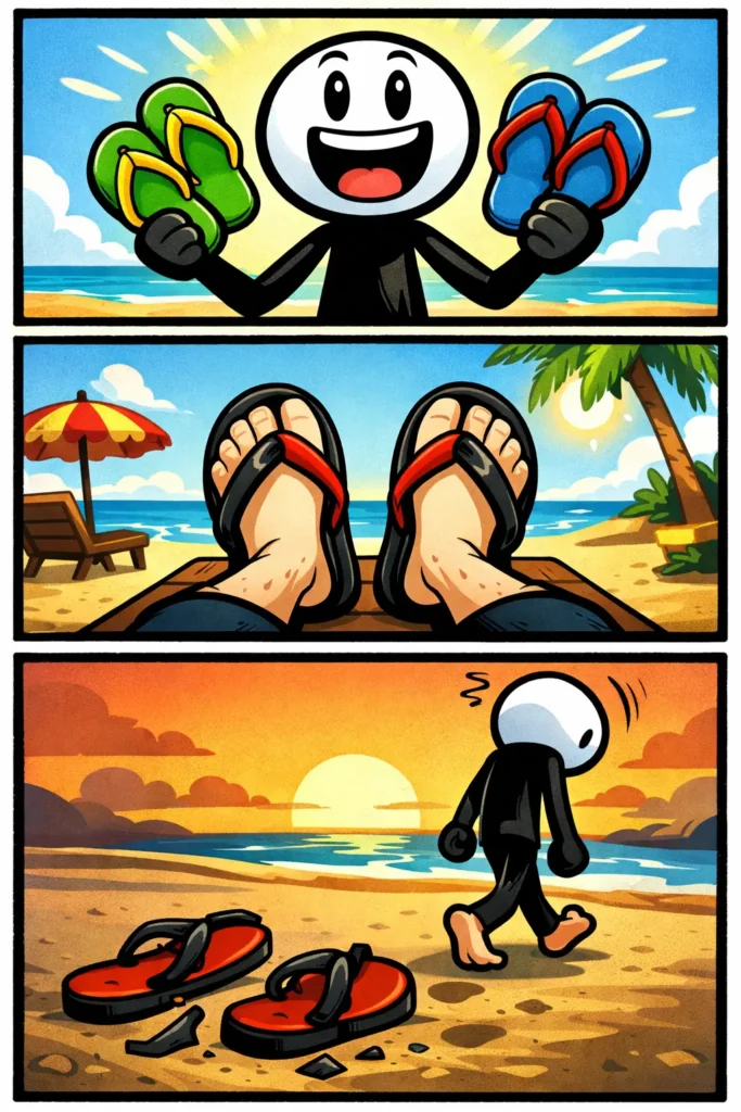 Stickman in Toonwords-stijl met witte kop en zwart lichaam die slippers draagt op het strand, ontspannen en zomers.