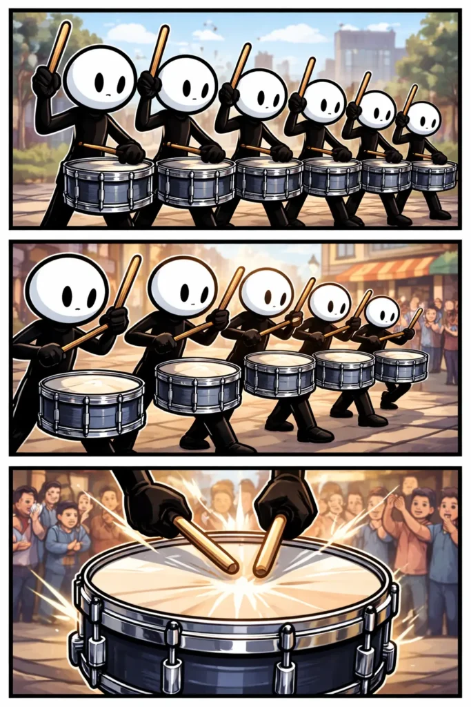 Stripafbeelding van een snareline met zes stickman snaredrummers met witte kop en zwart lichaam in drie panelen.