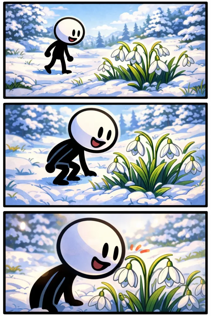 Drie-panelen stripafbeelding in Toonwords-stijl van een stickman die een sneeuwklokje ontdekt in een besneeuwd landschap.