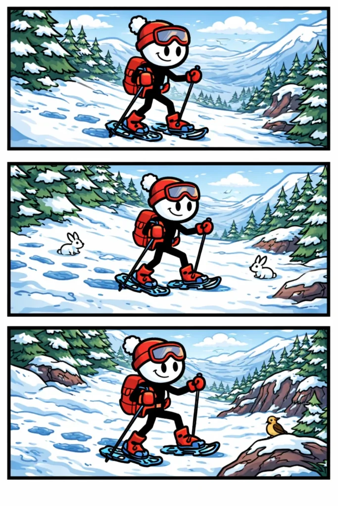 Stickman in Toonwords-stijl die sneeuwschoenwandelen doet in een besneeuwd berglandschap, verdeeld over drie panelen.