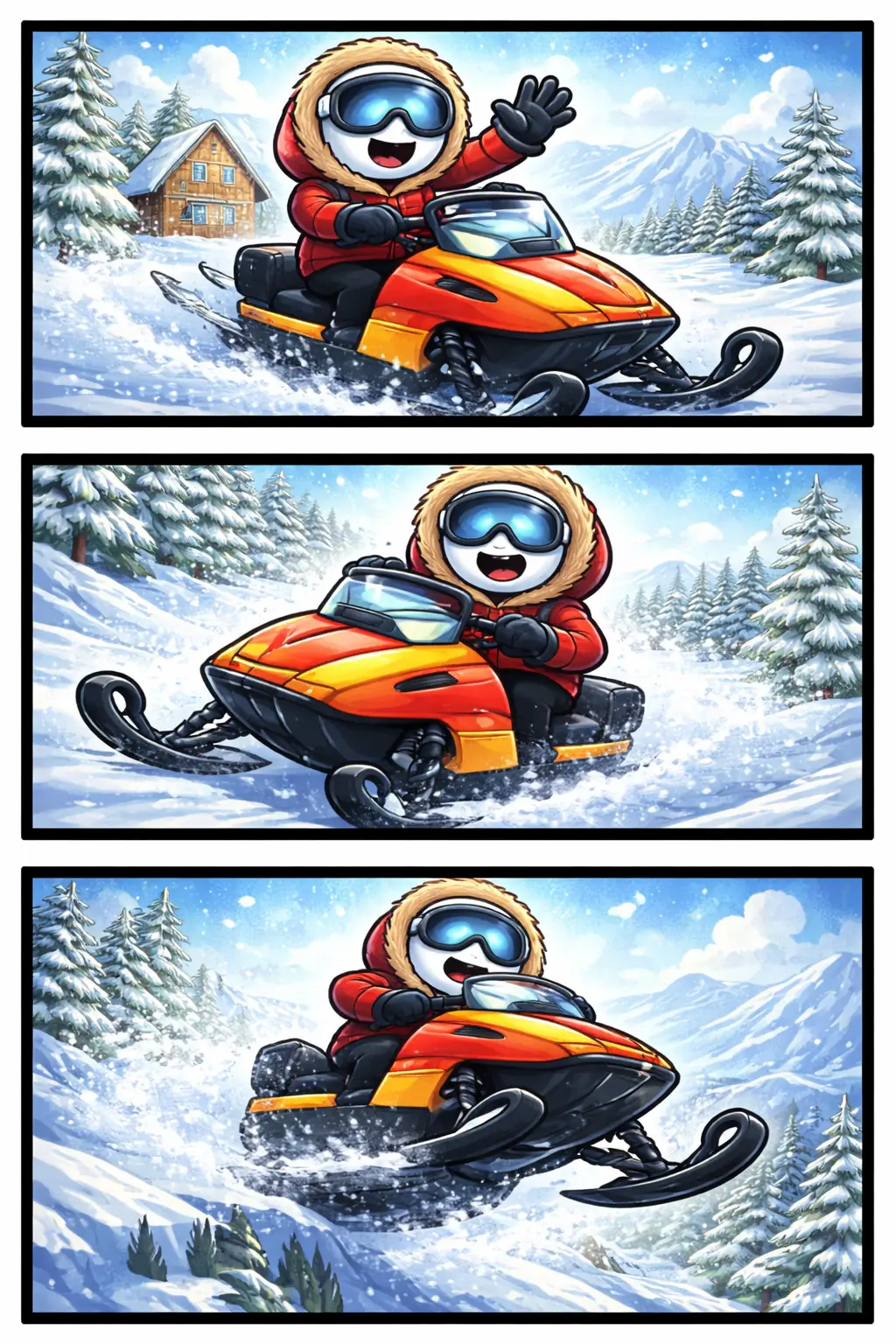 tickman in Toonwords-stijl die een sneeuwscooter bestuurt in een winterse omgeving.