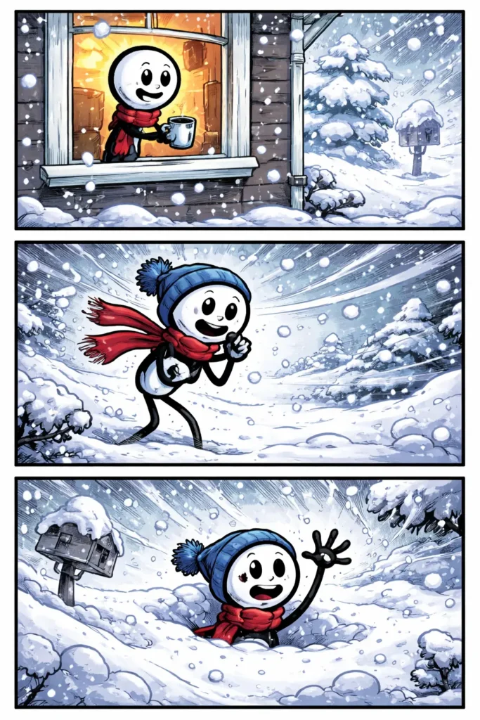 Drie-panelen stripafbeelding van een stickman in Toonwords-stijl tijdens een sneeuwstorm in kleur.