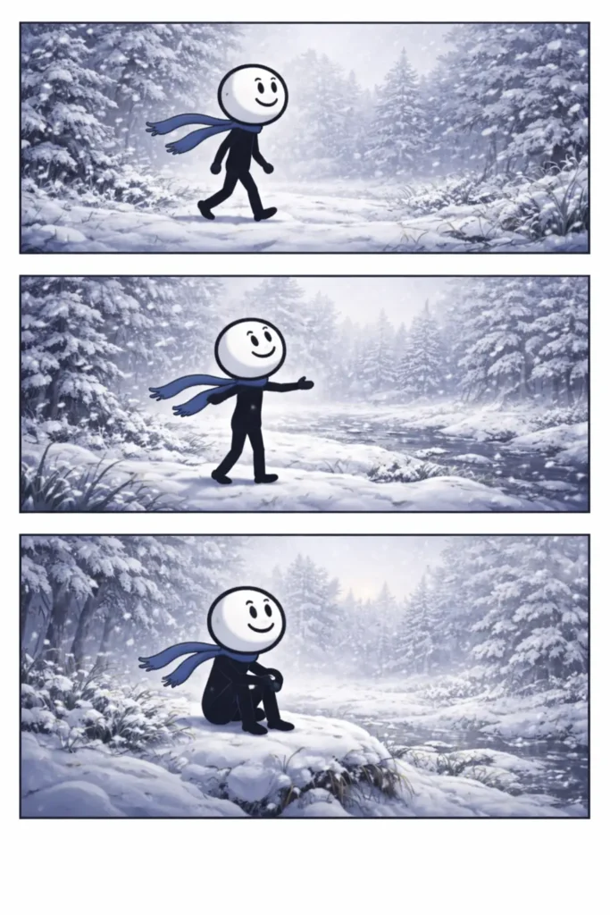 Drie panelen stripillustratie in Toonwords-stijl van een stickman terwijl sneeuwval zachtjes naar beneden dwarrelt en de omgeving wit kleurt.