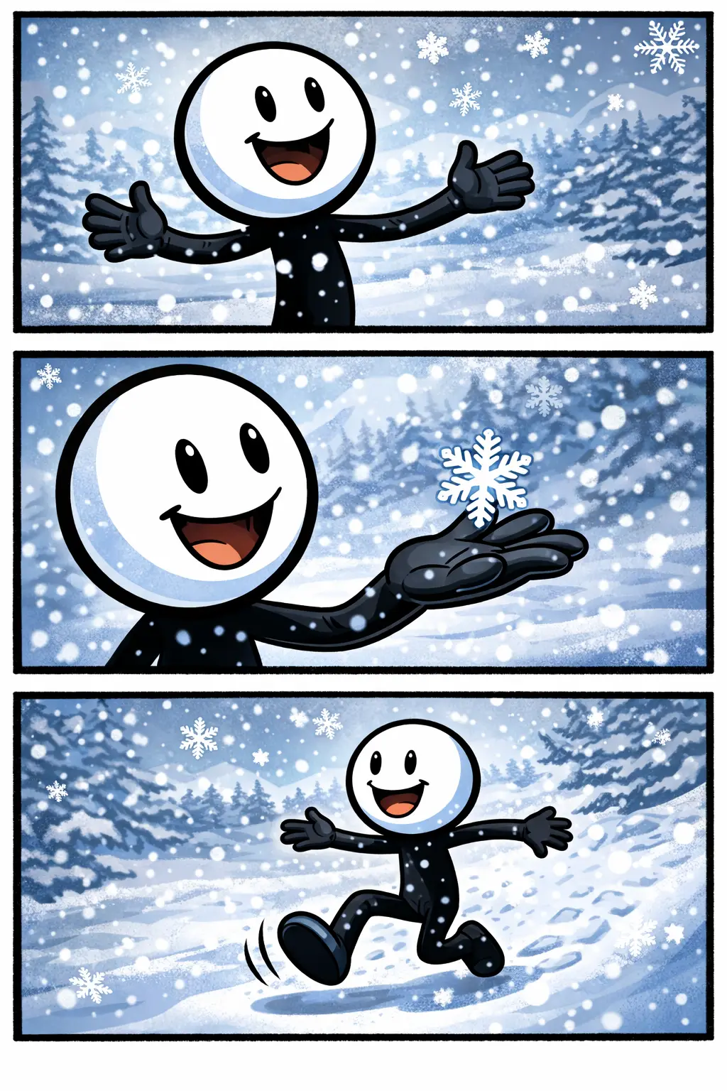 Stickman kijkt blij naar een vallende sneeuwvlok in de winterlucht.