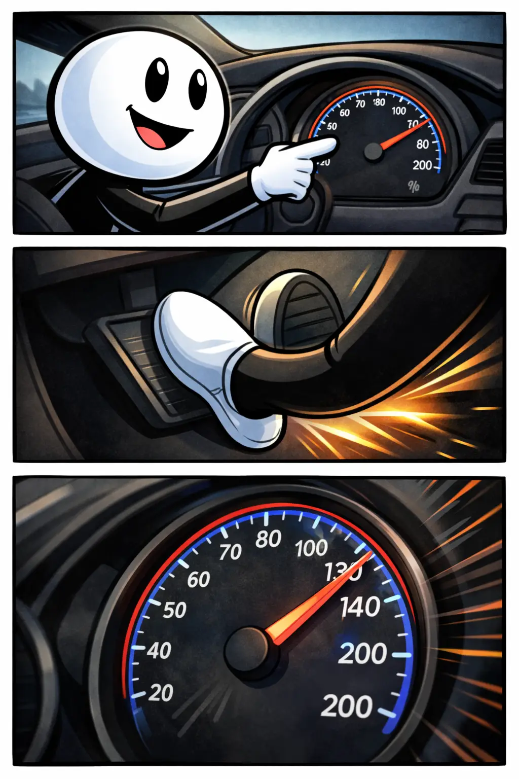 Stickman zit in een auto en wijst naar de snelheidsmeter terwijl de naald omhooggaat.