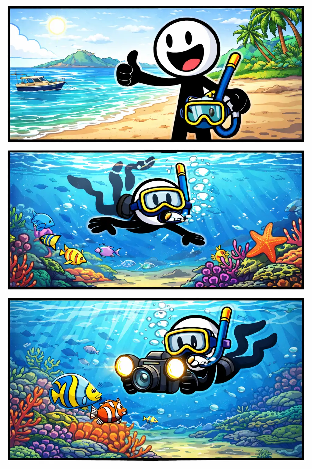 Stripafbeelding met drie panelen van een stickman in Toonwords-stijl die snorkelt en onder water vissen fotografeert.