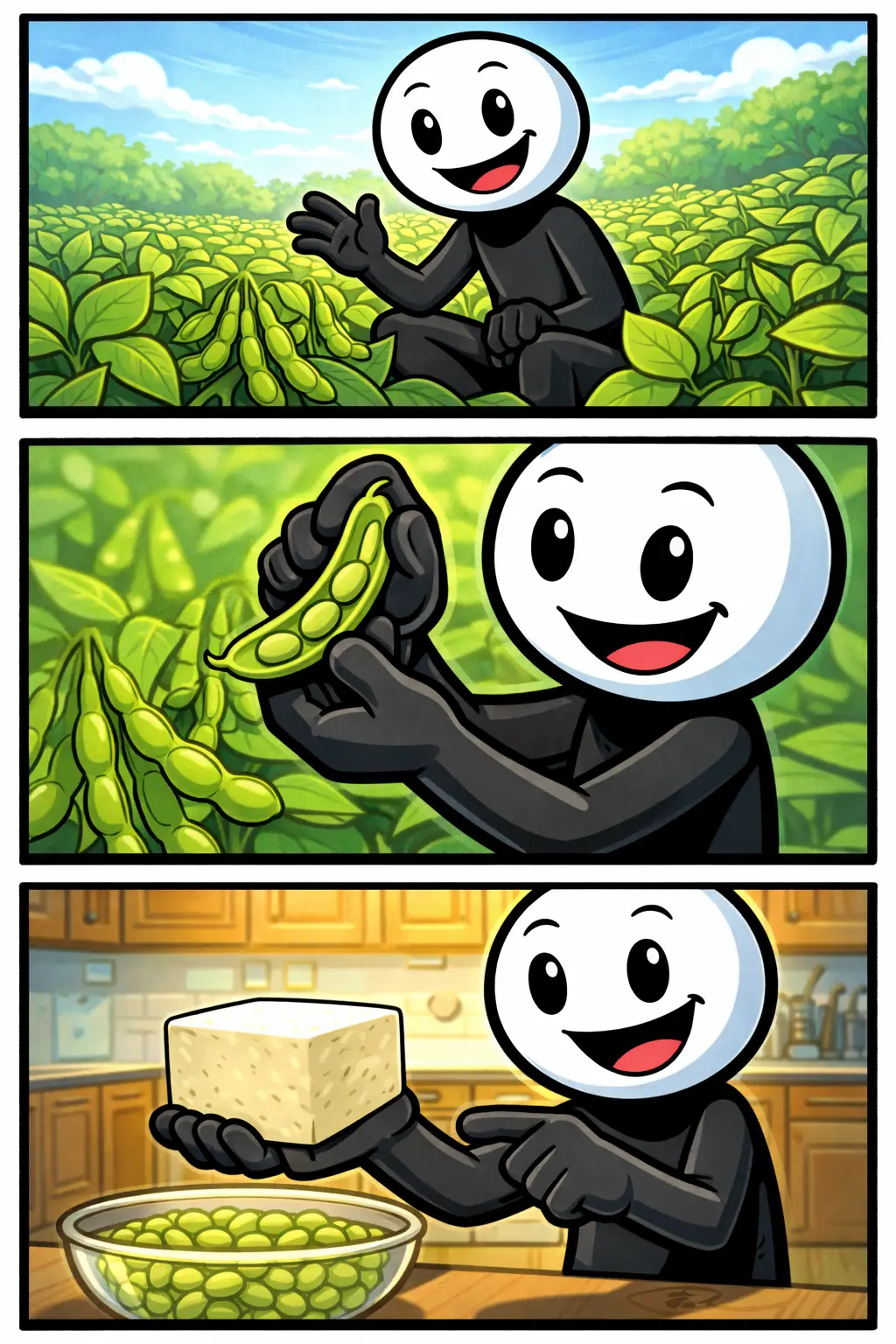 Stickman verwerkt sojabonen in drie panelen voor het woord sojabonen.