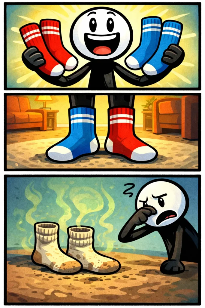 Stickman in Toonwords-stijl met witte kop en zwart lichaam die sokken toont en draagt in drie verschillende scènes.