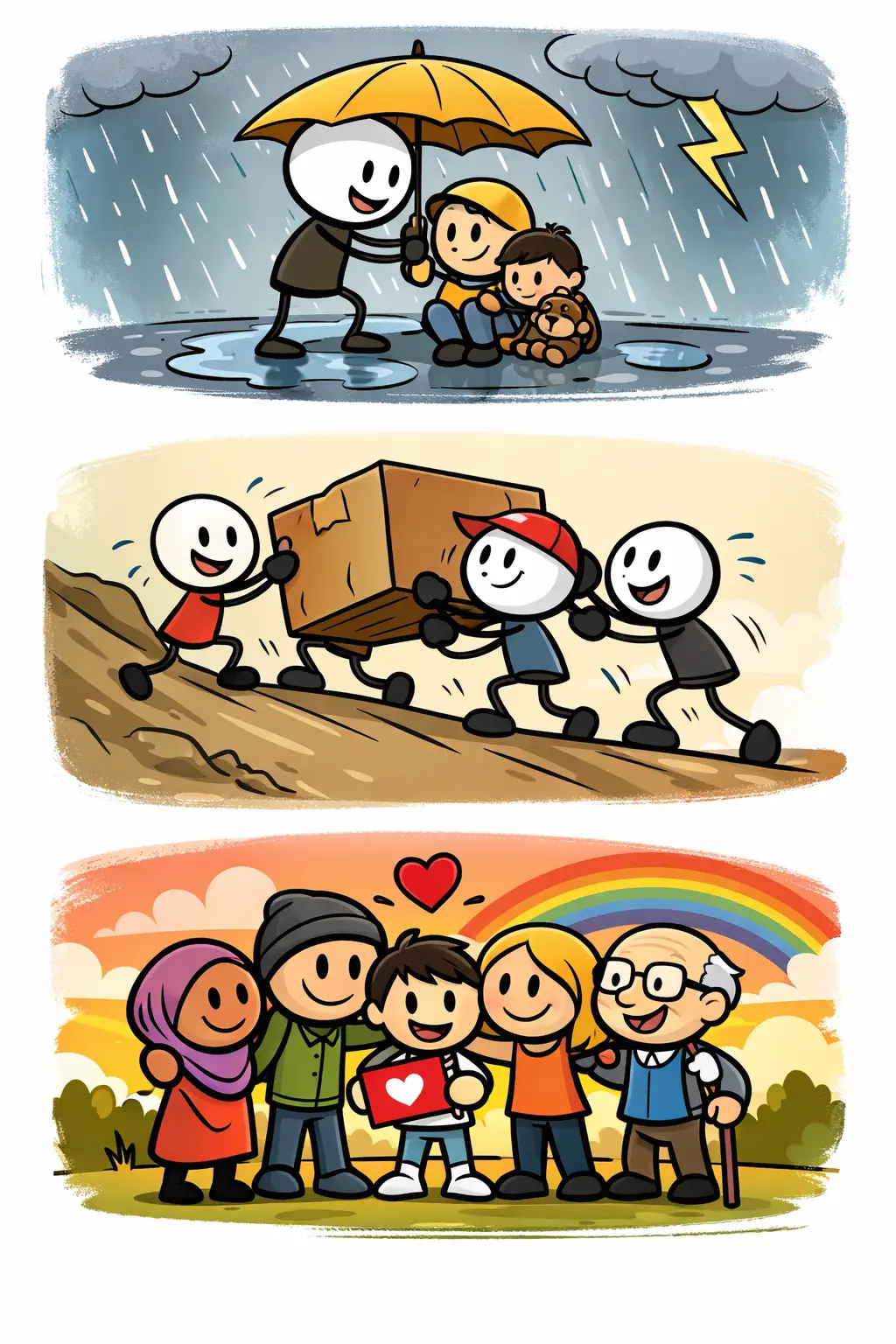 Drie panelen met een stickman in Toonwords-stijl die Solidariteit laat zien door samen helpen, dragen en naast elkaar staan.