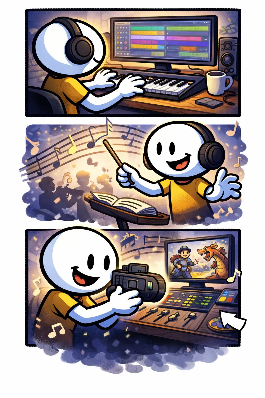 Stripafbeelding in Toonwords-stijl met een stickman die muziek maakt en mixt voor een film bij het woord Soundtrack.