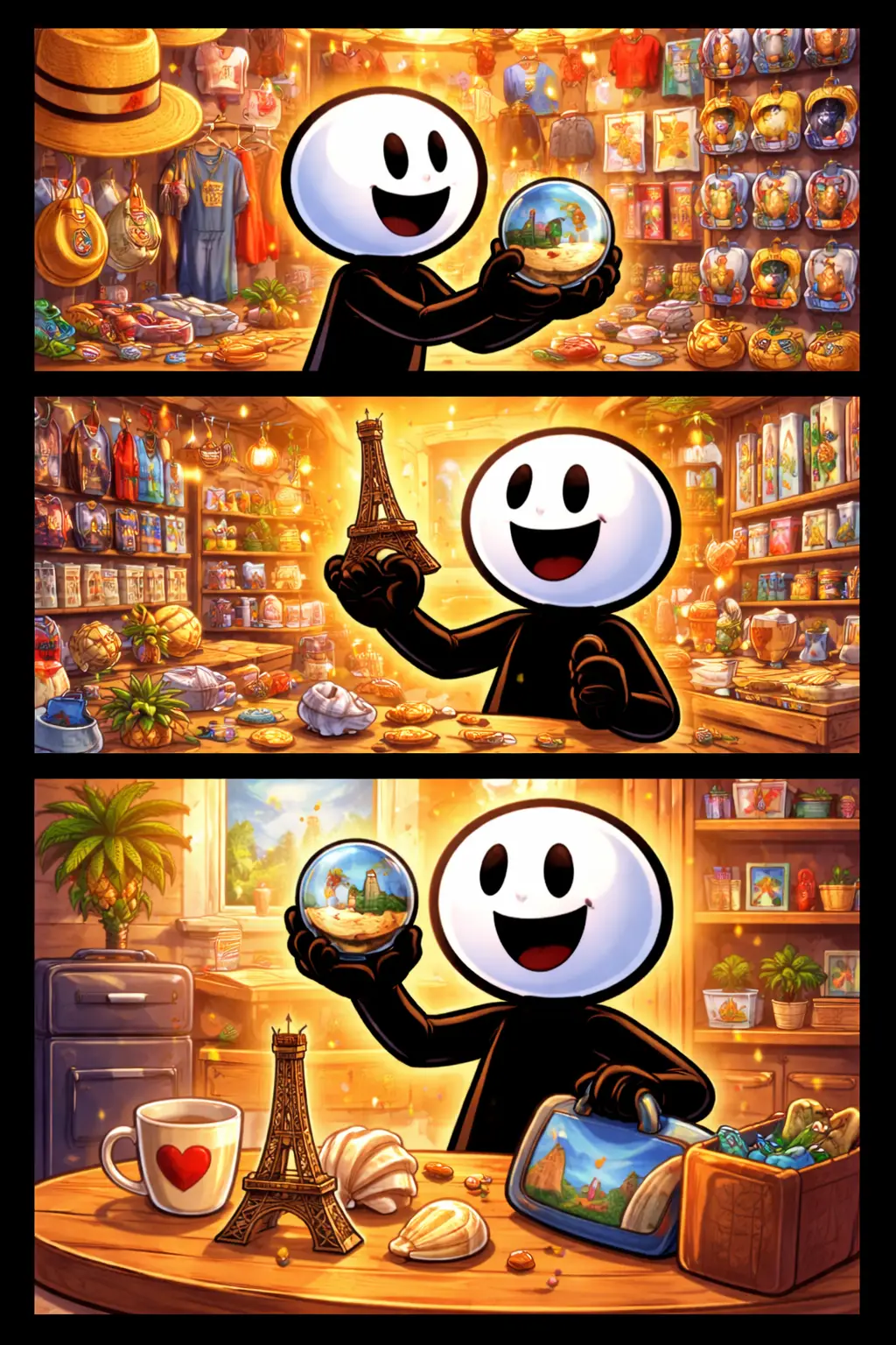 “Toonwords-strip van een souvenir met een stickman die in drie panelen iets bijzonders meeneemt van een reis.”