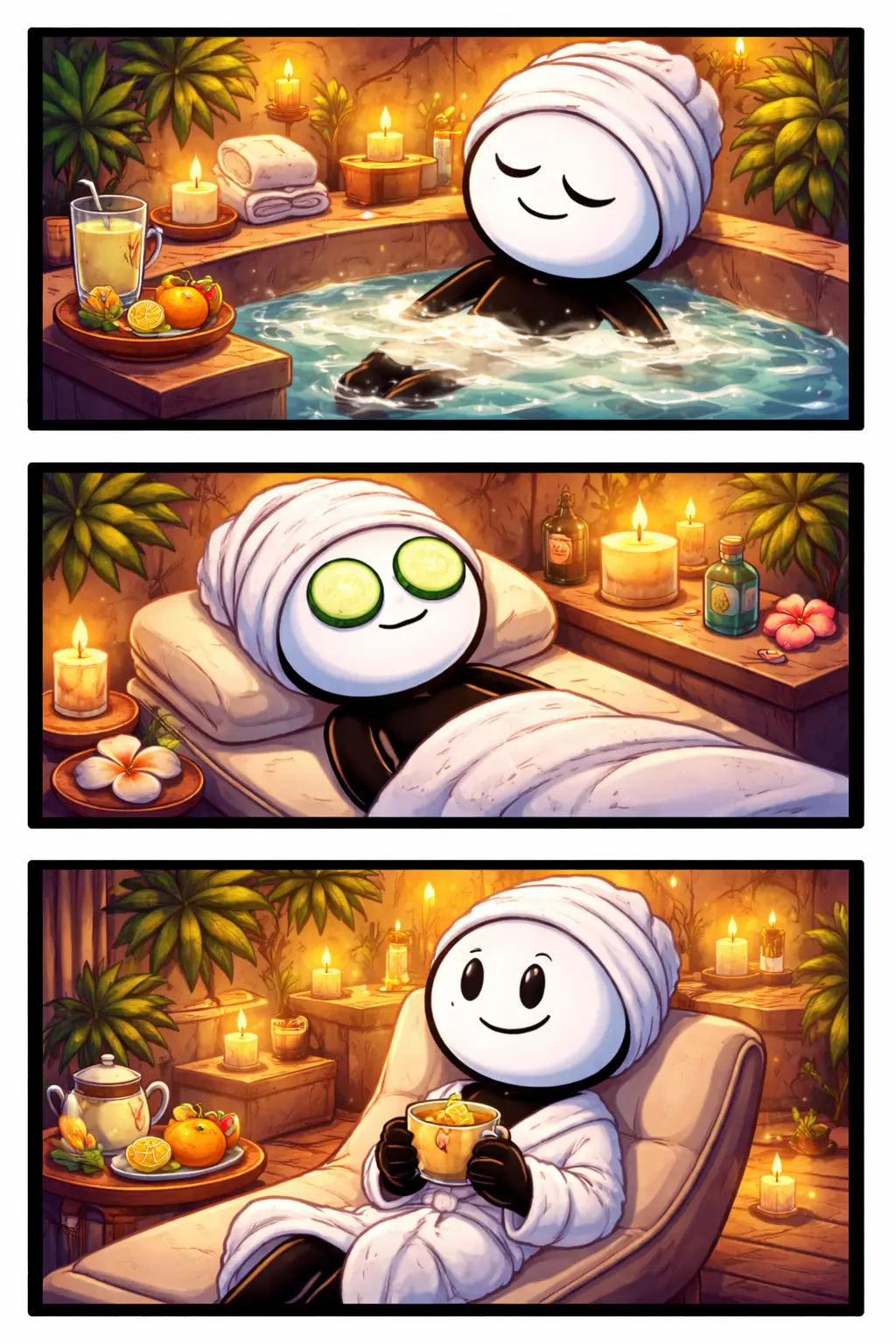 Stickman die ontspant in een spa-omgeving in Toonwords-stijl, met warm water en een rustige sfeer.