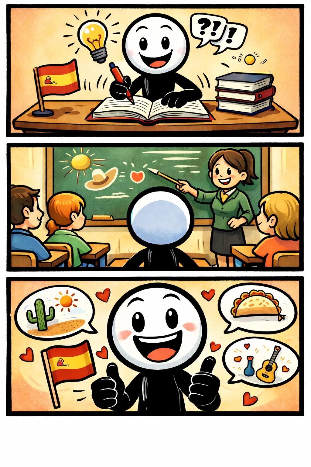 Stickman die enthousiast leert voor het Toonword Spaans, met een vrolijke, kleurrijke taal-setting.