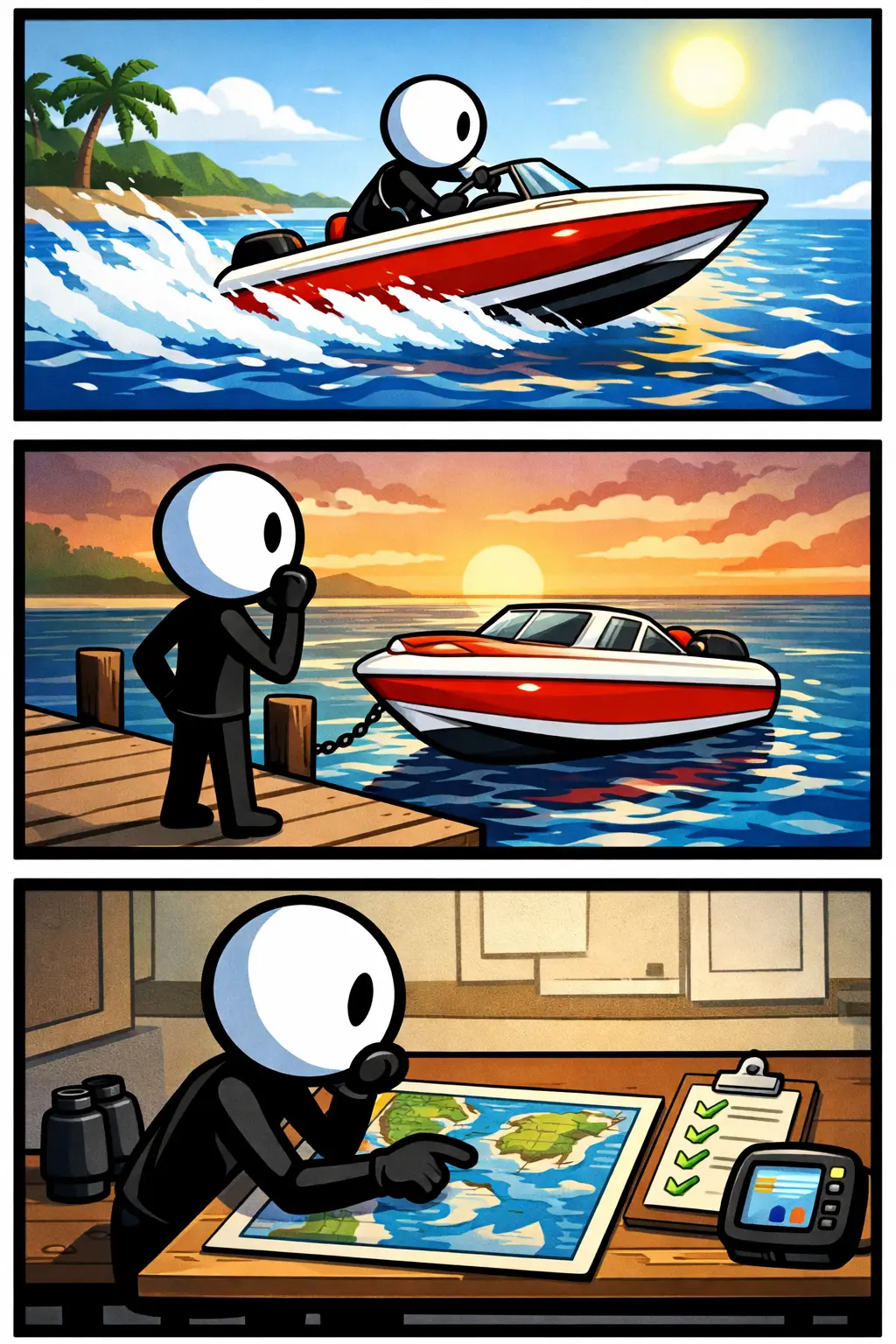 Stickman vaart in een speedboot over het water in drie Toonwords-panelen voor het woord Speedboot.