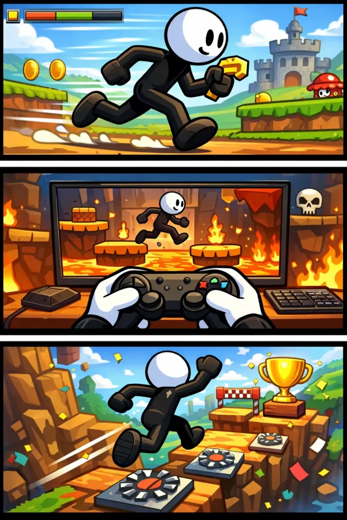 Toonwords-strip met stickman die een videogame speelt tijdens een speedrun.