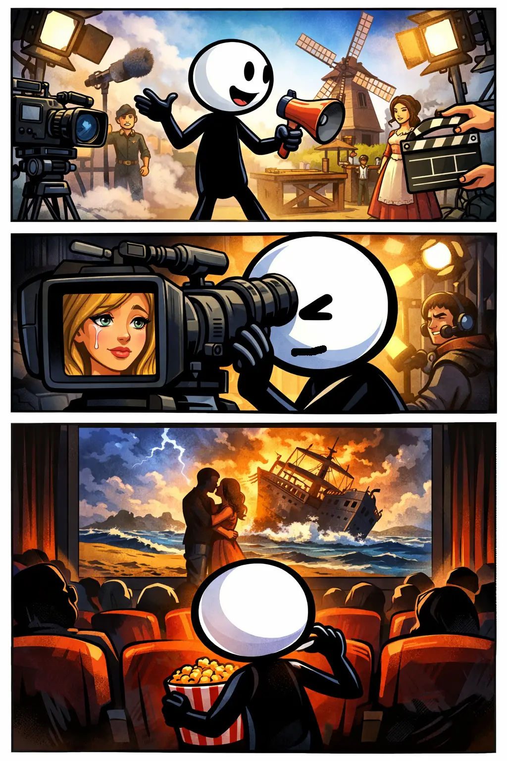 Toonwords-strip met een stickman in drie panelen die verschillende camerastandpunten van een speelfilm beleven laat zien.
