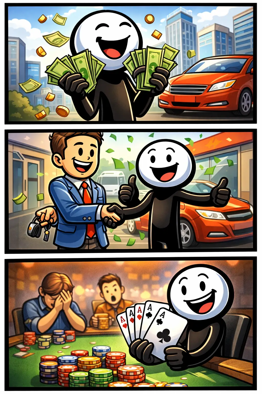 Stickman voelt zich een spekkoper terwijl hij blij kijkt naar zijn onverwachte meevaller.