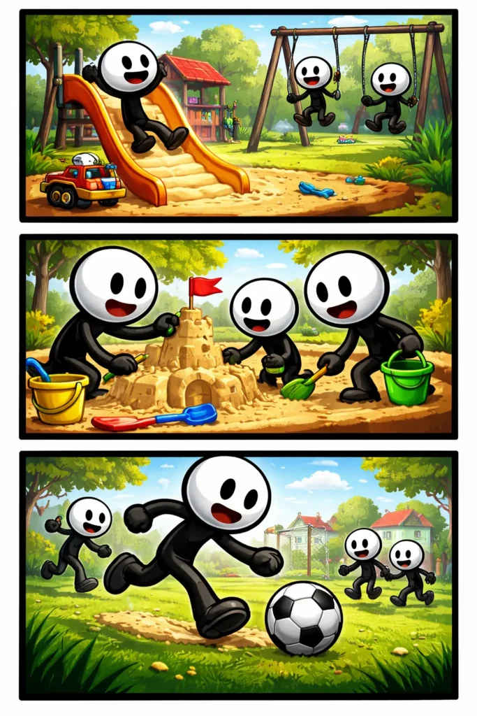 Stickman-kinderen die samen spelen in verschillende scènes (spelen kinderen).