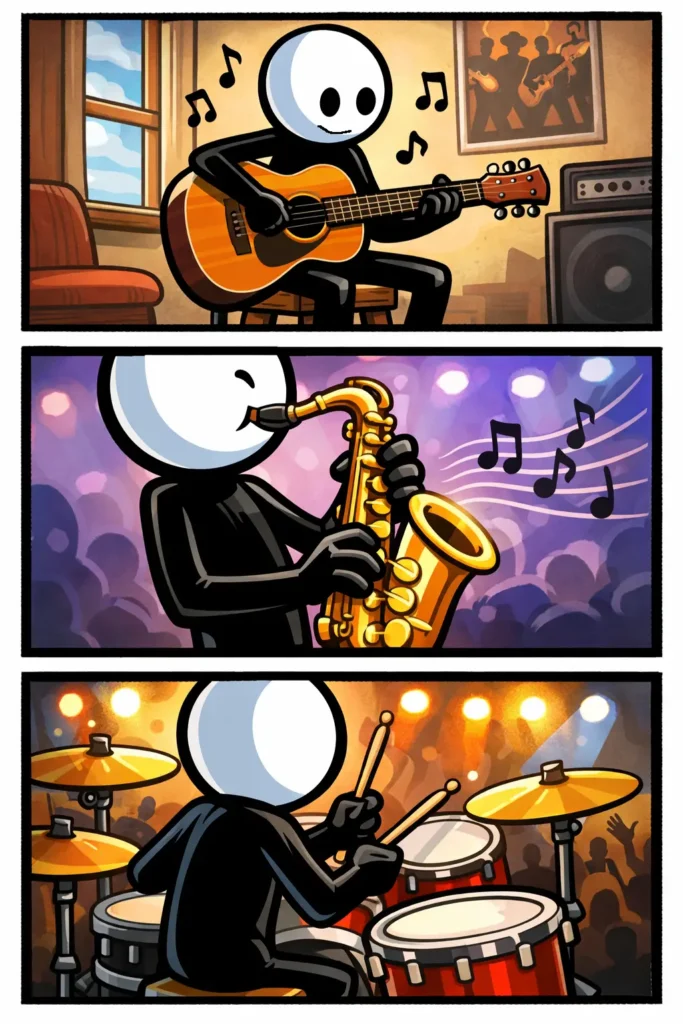 Stickman die een muziekinstrument bespeelt in drie scènes (spelen muziekinstrument).