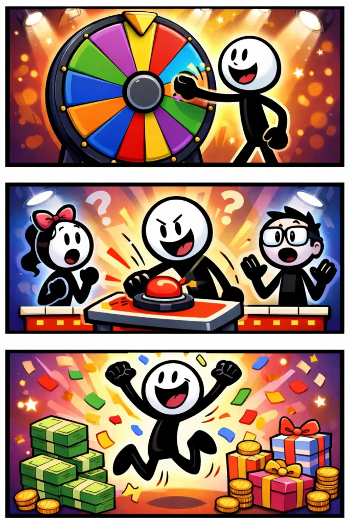 Stripafbeelding van een stickman in Toonwords-stijl die meedoet aan een spelshow, verdeeld over drie panelen.