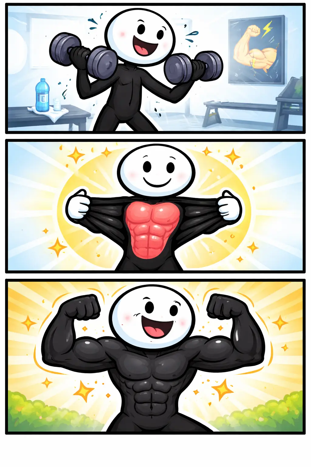 Stickman met zwart lijf en wit gezicht gebruikt zijn spieren in drie panelen in Toonwords-stijl.