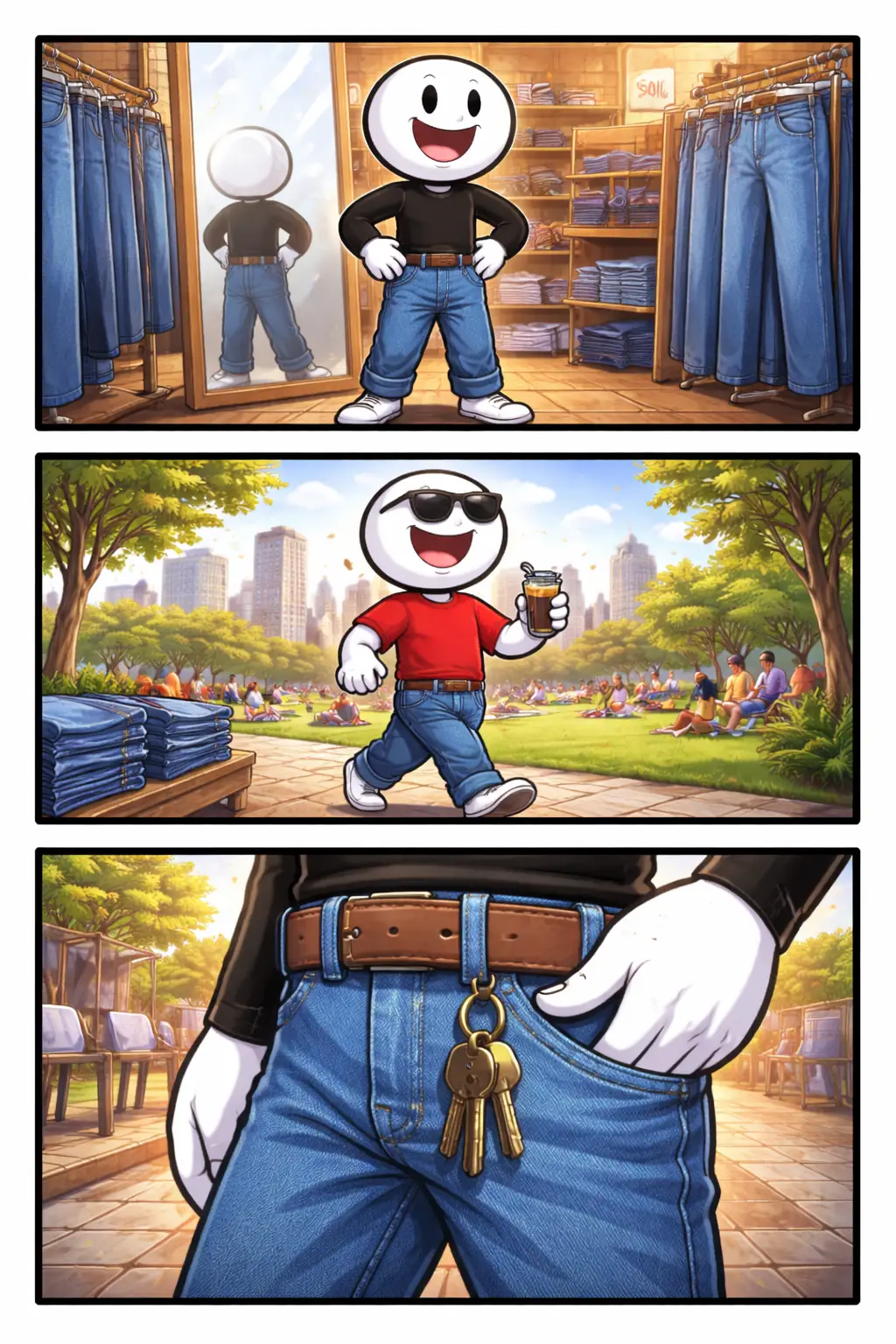 Toonwords-strip met een stickman die een spijkerbroek aantrekt, ermee loopt en een detail van de broek laat zien.