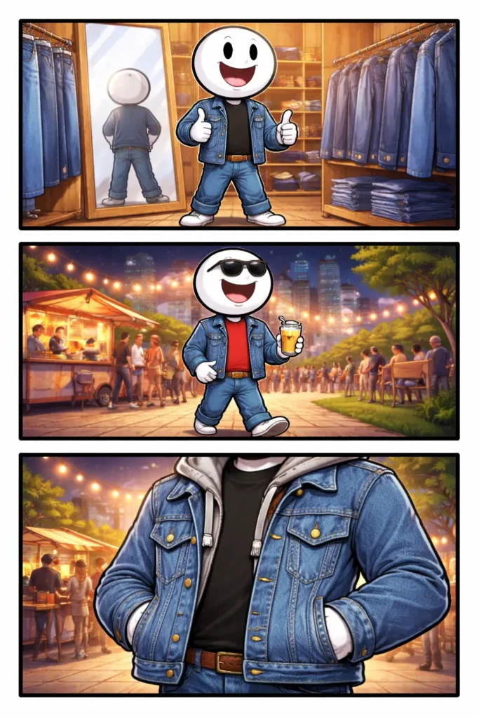 Toonwords-strip met een stickman die een spijkerjas aantrekt, draagt en waarvan een detail te zien is.