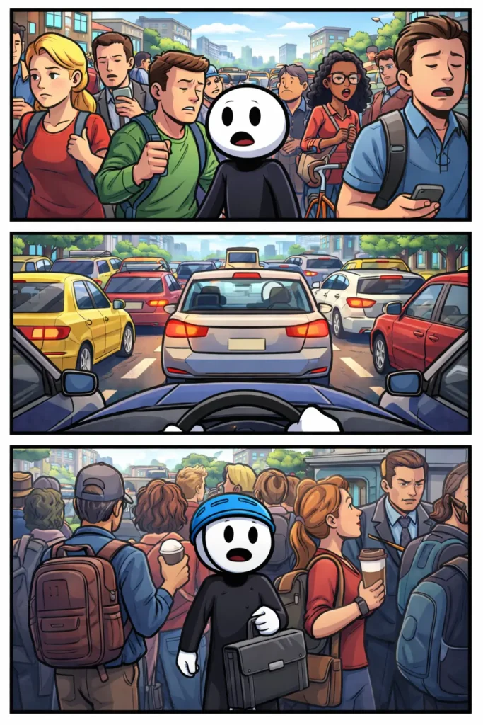 Stripillustratie van spitsuur met druk verkeer en een stickman, het woord Spitsuur staat centraa