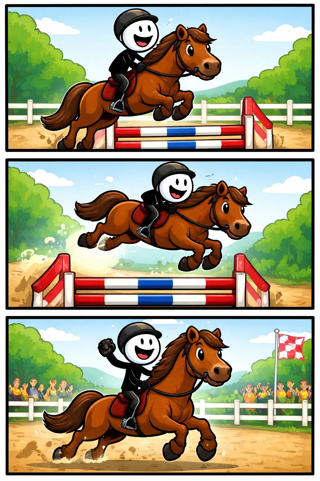 Een stickman springt met een paard over een springhindernis tijdens een vrolijke buitenwedstrijd.