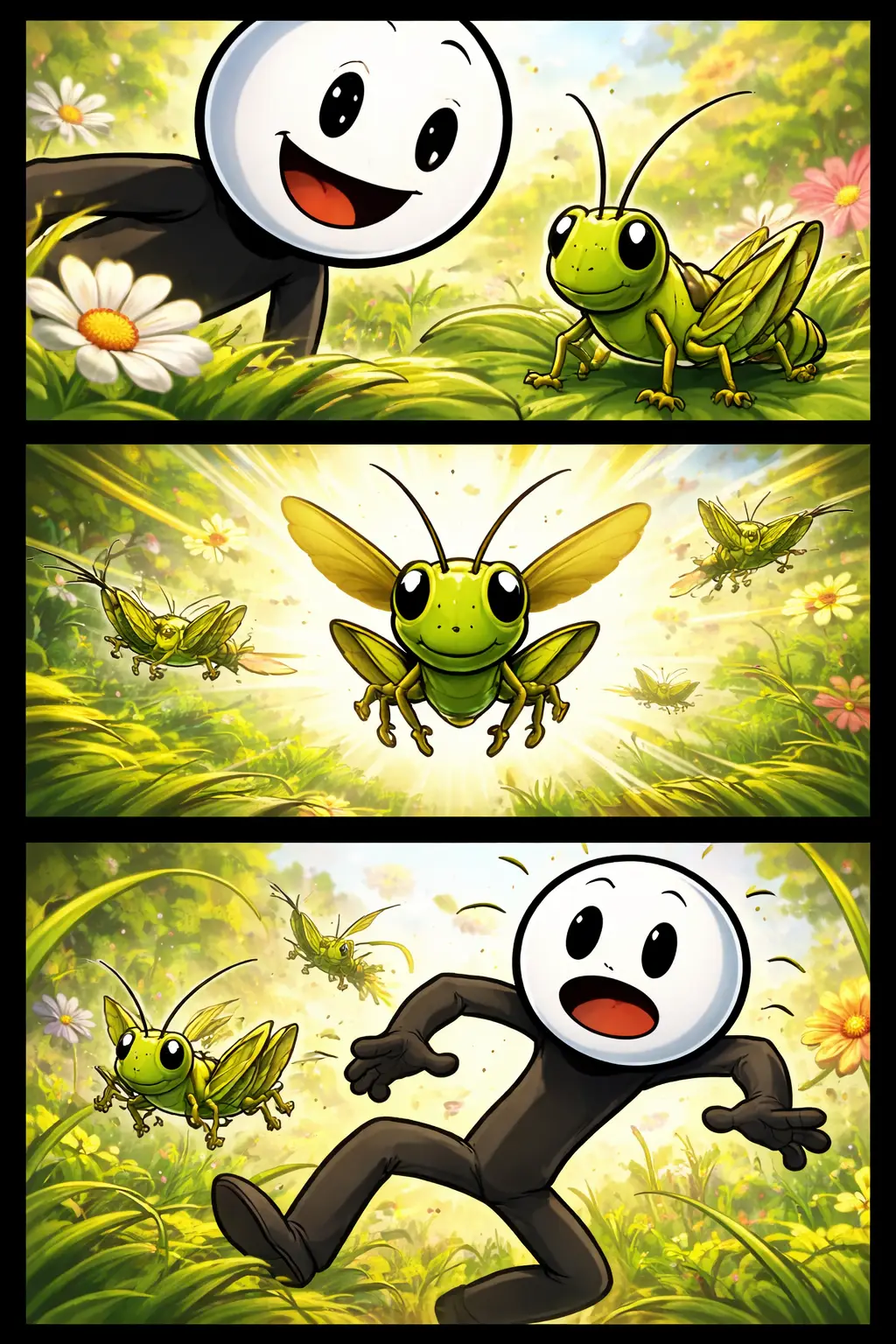 Stickman en een grote groene sprinkhaan in drie verticale panelen in Toonwords-stijl, zonder tekst.