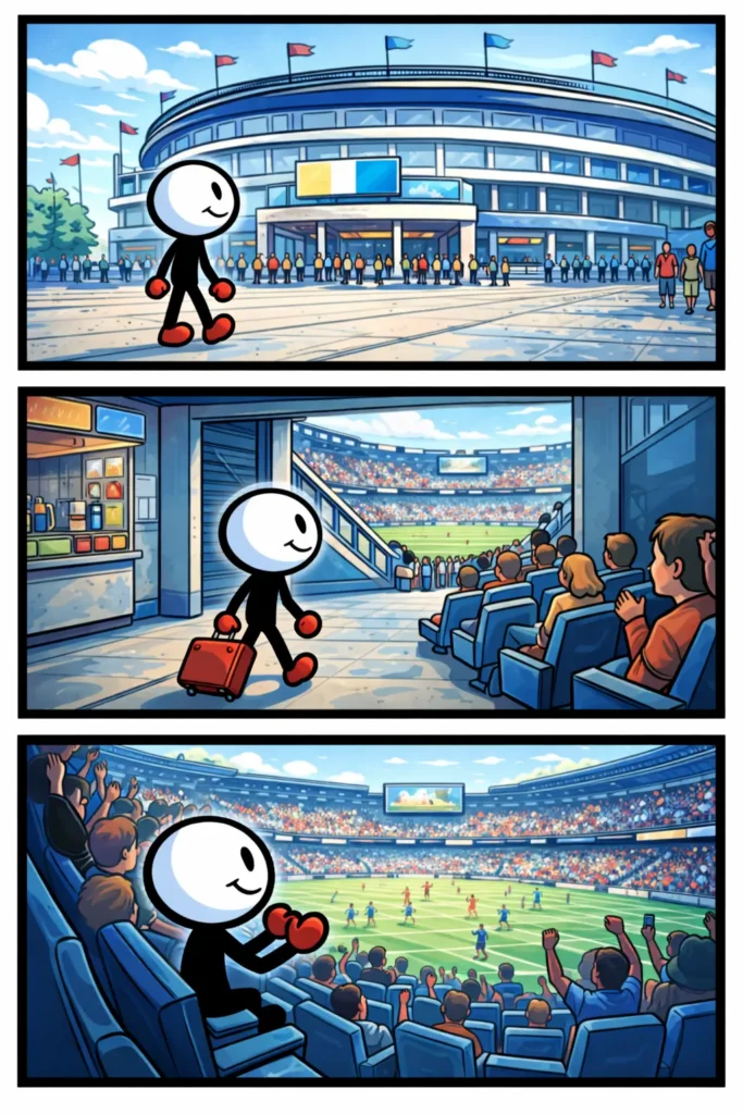 Stripafbeelding van een stickman bij een Stadion, eerst buiten voor het gebouw, daarna binnen tussen de tribunes en tenslotte juichend tijdens een sportwedstrijd.
