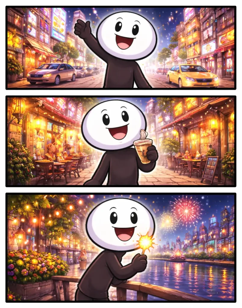 Stickman geniet van stadslicht in de nacht tussen verlichte straten en gebouwen, afgebeeld in drie opeenvolgende panelen in Toonwords-stijl.