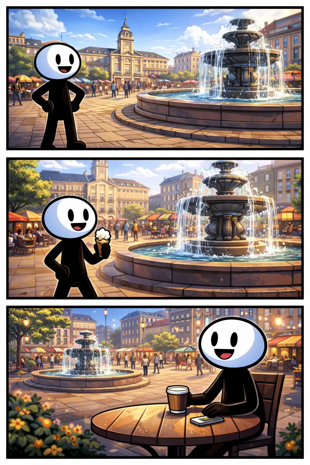 Stripafbeelding van een stickman met witte kop en zwart lichaam op een stadsplein met gebouwen en mensen in drie panelen.