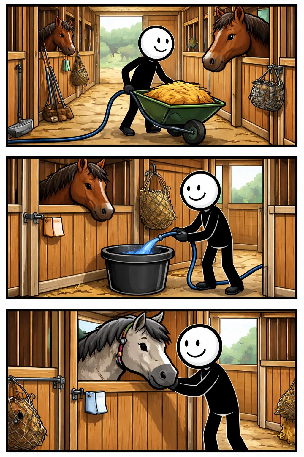 Een paard staat in een stal, wordt verzorgd en kijkt rustig rond in de ruimte.