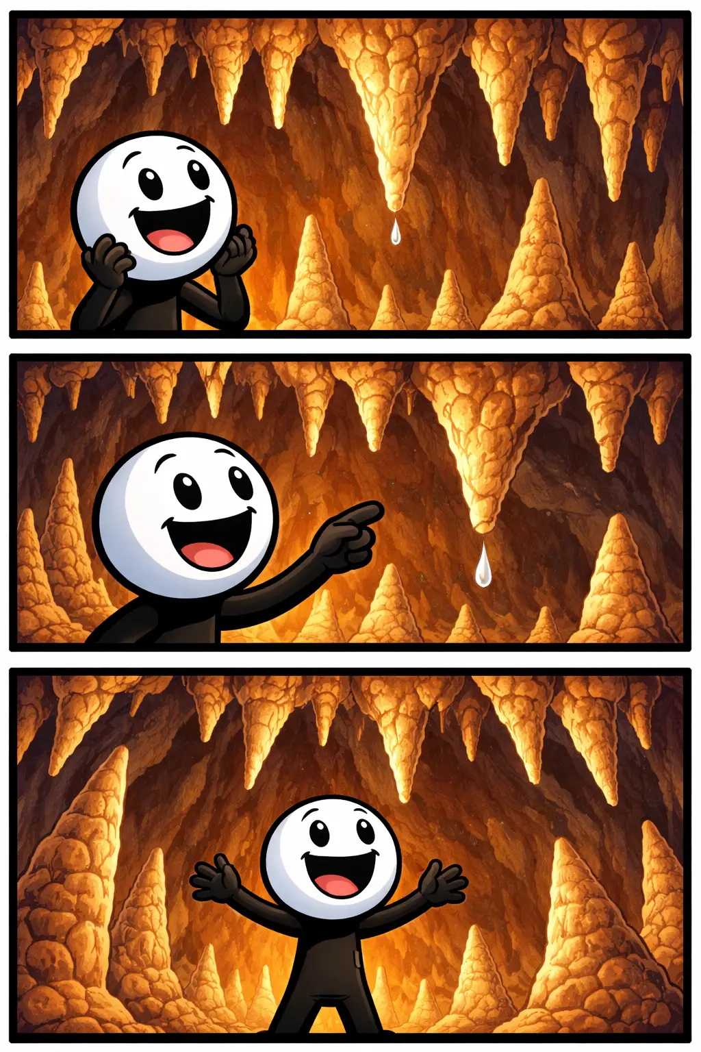 Stalactieten die aan het plafond van een grot hangen met een stickman die omhoog kijkt bij het toonword Stalactieten.