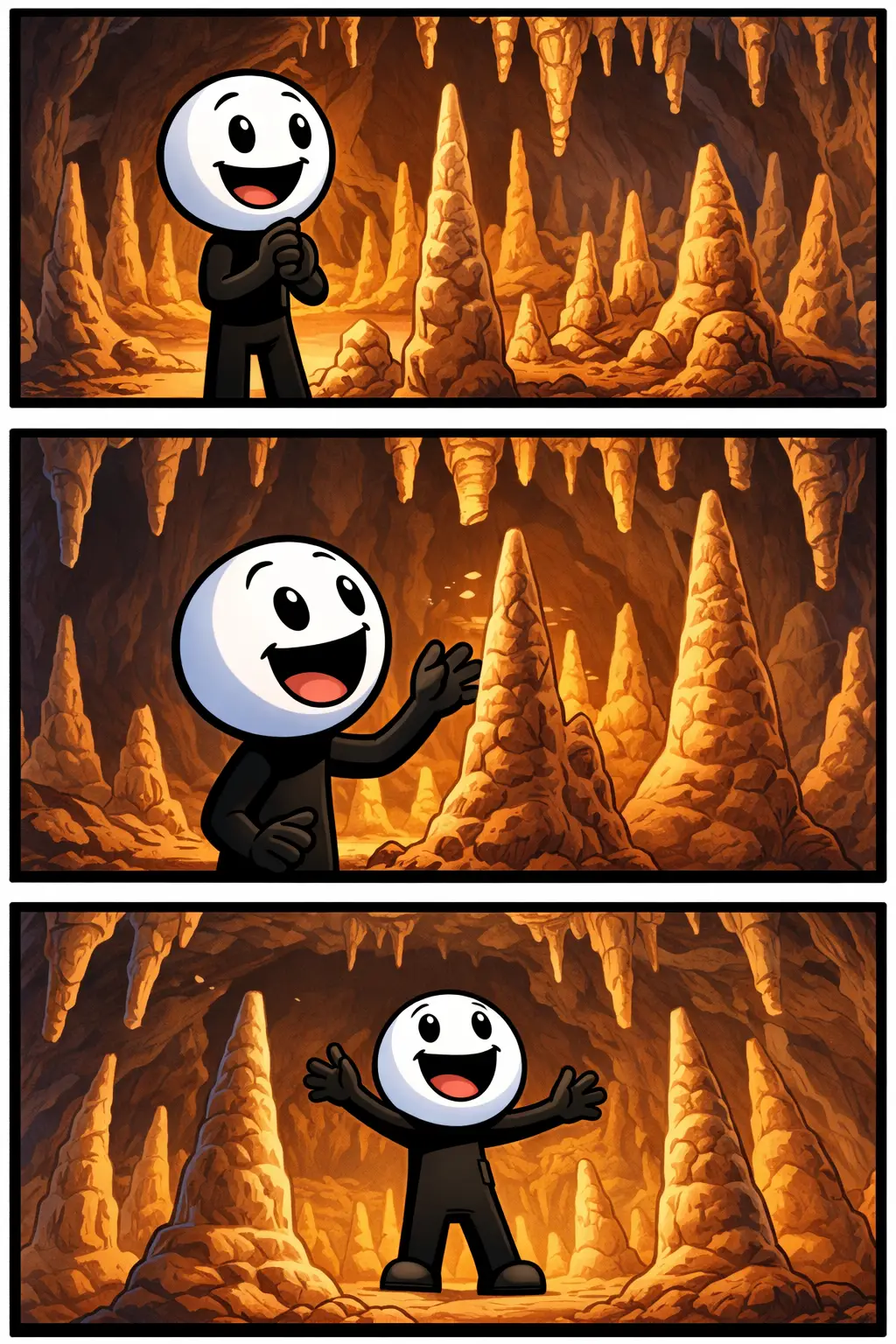 Stalagmieten in een grot met een stickman die ze bewondert bij het toonword Stalagmieten.