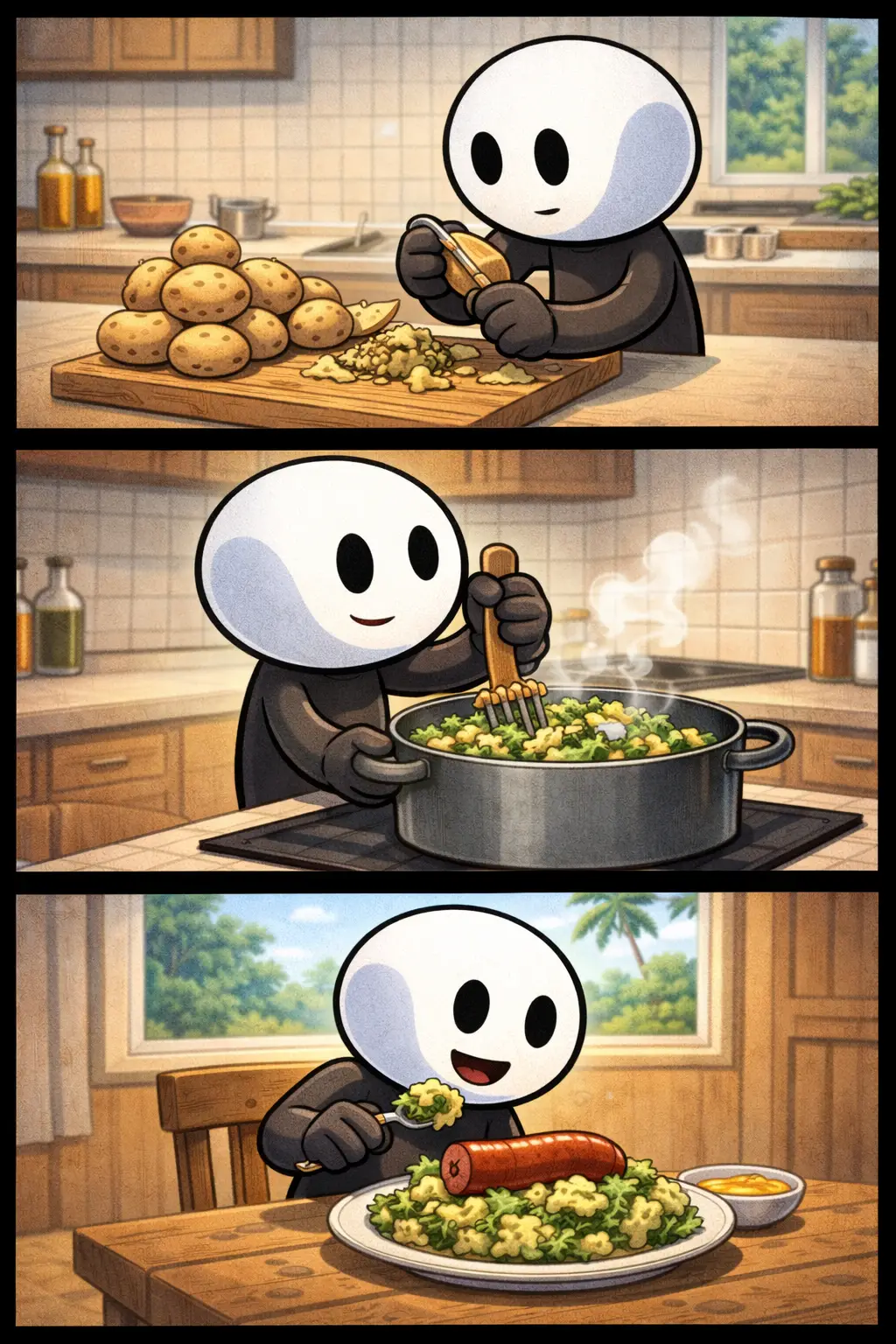 Stickman in Toonwords-stijl met een bord dampende stamppot en rookworst in een warme keukenomgeving.