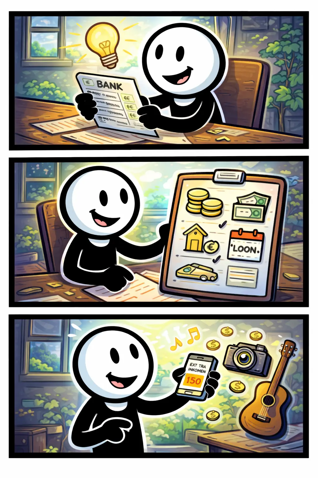 Stripafbeelding met drie panelen van een stickman in Toonwords-stijl bij Stap 2 – Inkomsten, waarin hij overzicht krijgt in vaste en extra inkomsten.