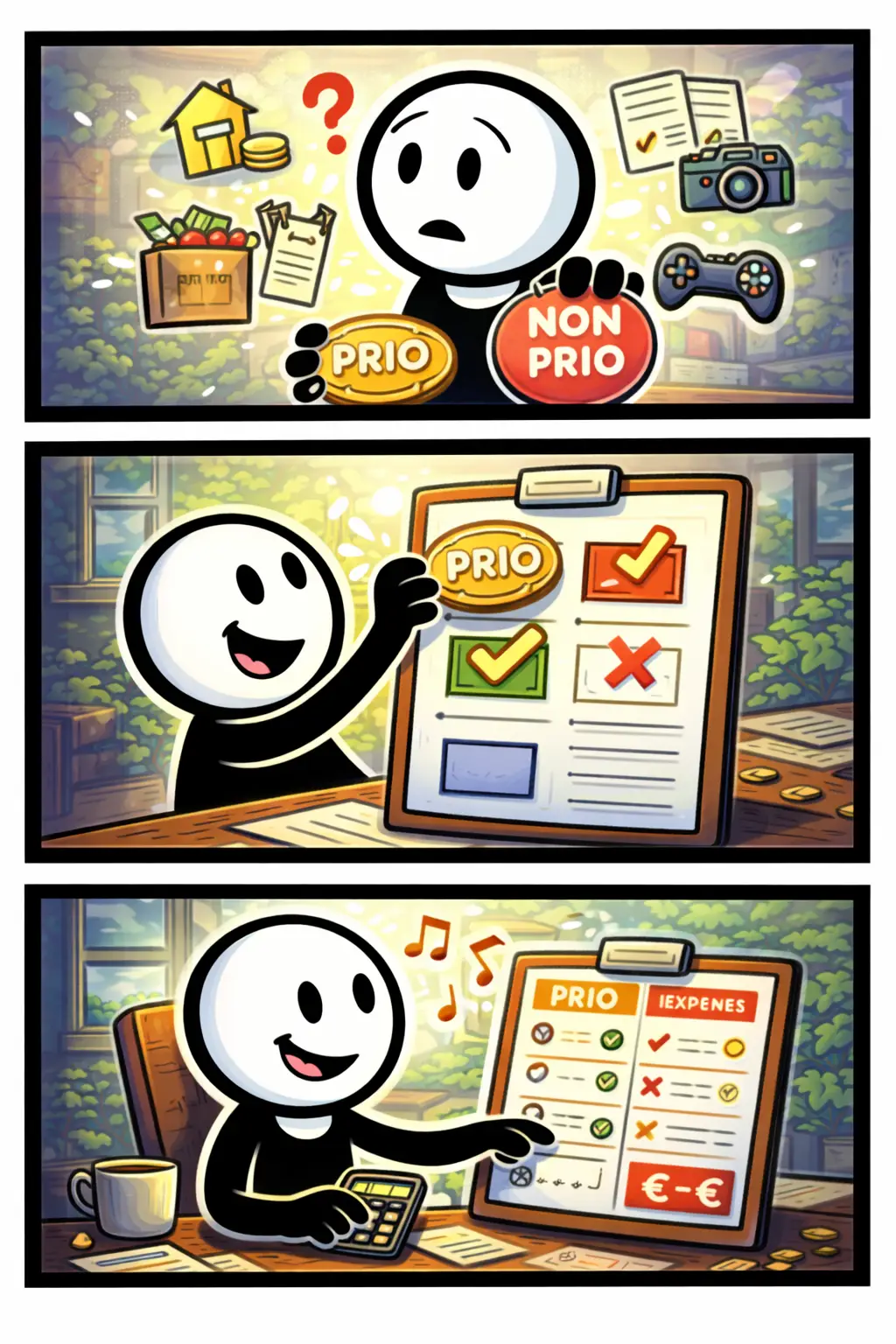 Stripafbeelding met drie panelen van een stickman in Toonwords-stijl die bij Stap 5 – Prioriteit keuzes maakt en rust en overzicht krijgt.