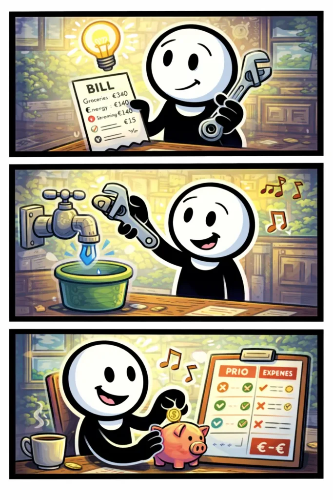 Stripafbeelding met drie panelen van een stickman in Toonwords-stijl die bij Stap 6 – Besparen kleine aanpassingen maakt om grip te krijgen op zijn uitgaven.