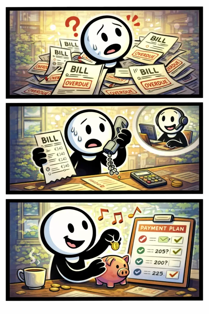 Stripafbeelding met drie panelen van een stickman in Toonwords-stijl die bij Stap 7 – Schulden zijn schulden onder ogen ziet en stap voor stap werkt aan een oplossing.