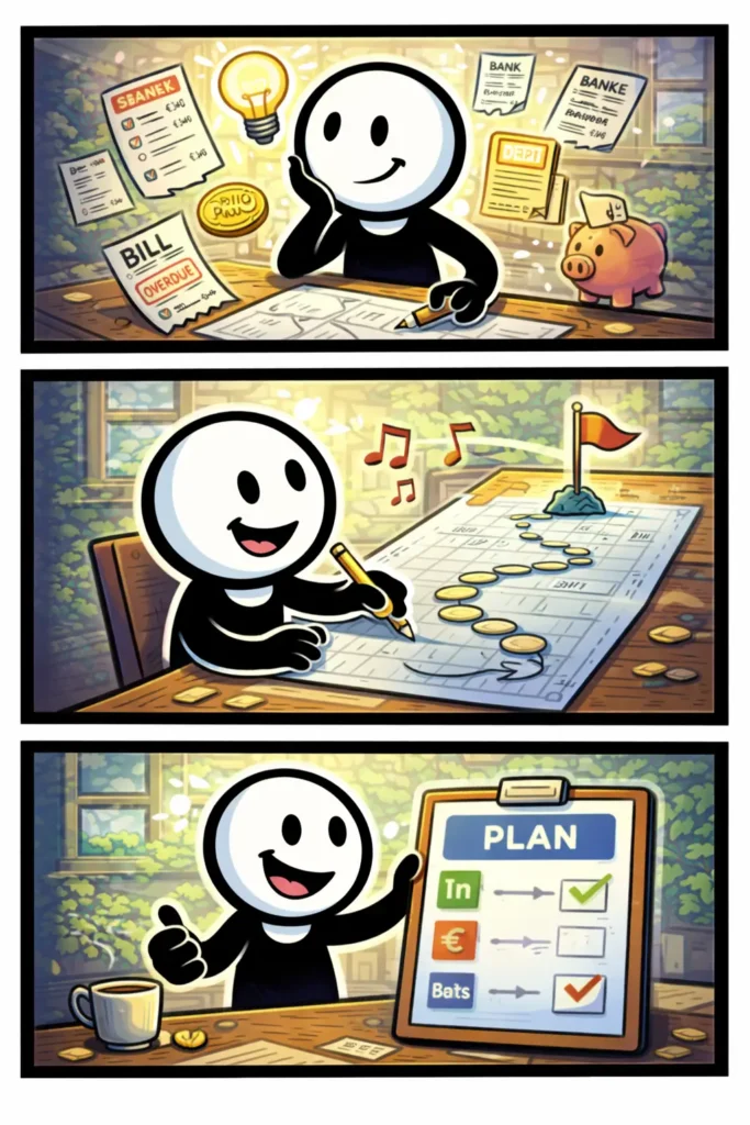 Stripafbeelding met drie panelen van een stickman in Toonwords-stijl die bij Stap 8 – Plan een eenvoudig financieel plan maakt en rust en richting ervaart.